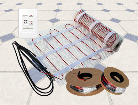 ComfortTile floor heating cable, mats and thermostat for radiant heated floors.
